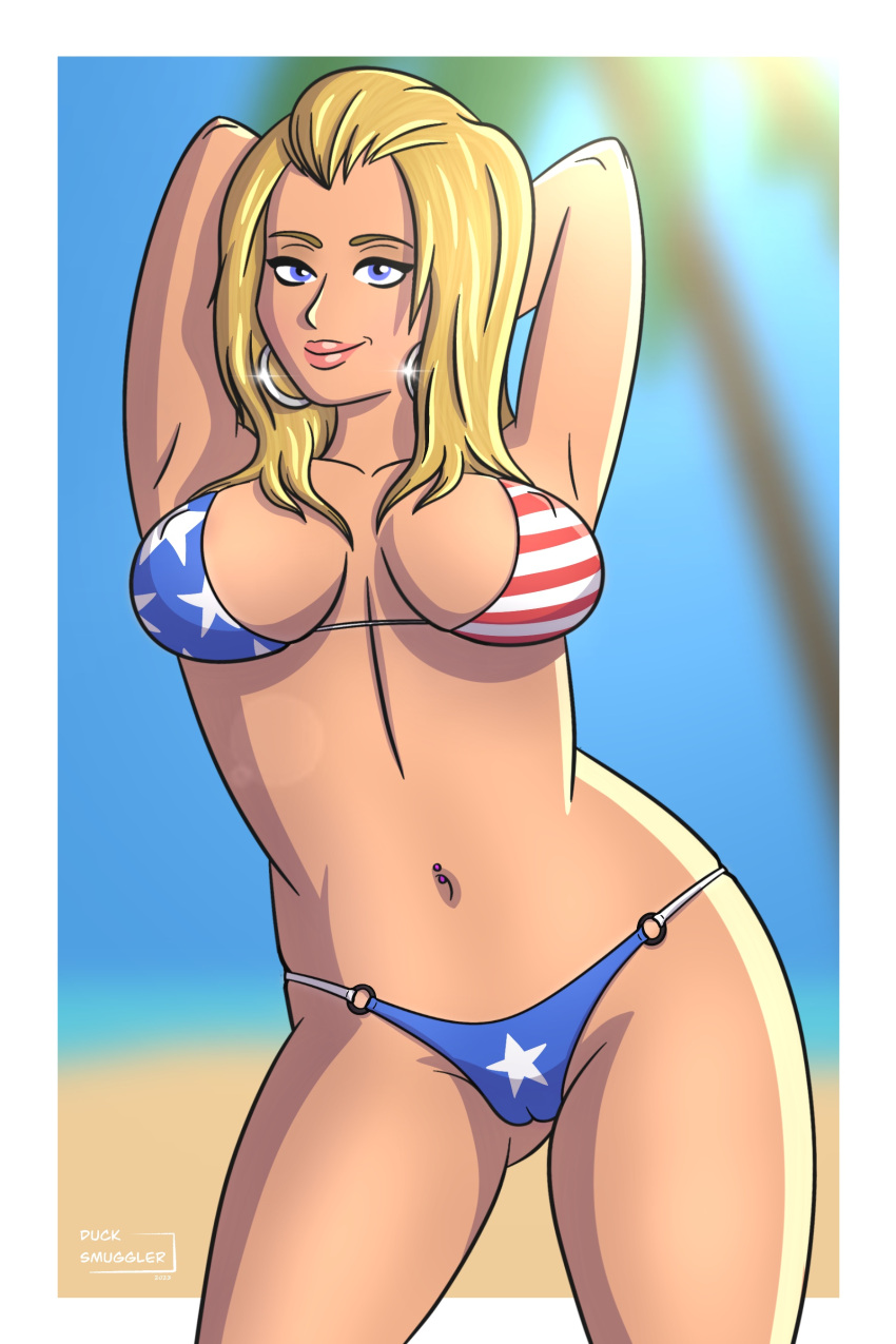 1girls 2d american_flag american_flag_bikini beach big_breasts bikini blonde_hair breasts digital_drawing_(artwork) digital_media_(artwork) duck_smuggler earrings fanart female female_only long_hair navel navel_piercing roxxy_(summertime_saga) solo summertime_saga watermark