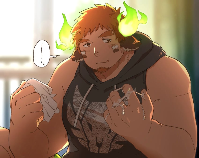 1boy :q after_masturbation animal_ears backlighting bara bare_arms black_hoodie blush cow_boy cow_ears cow_horns cum cum_on_hands facial_hair fiery_horns forked_eyebrows gay glowing_horns goatee haishiba_ame highres holding_tissue hood hood_down hoodie horns indoors knee_up large_pectorals looking_at_hand male_focus muscular muscular_male out-of-frame_censoring pectorals short_hair sideburns_stubble sleeveless sleeveless_hoodie solo spiked_hair sunlight thick_eyebrows tissue tokyo_afterschool_summoners tongue tongue_out upper_body wakan_tanka