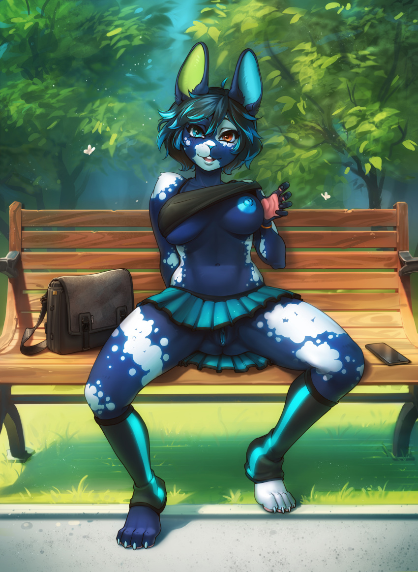 absurd_res anthro auria bench bottomwear cellphone clothing female flashing flashing_breasts flashing_pussy genitals hi_res lagomorph leg_warmers legwear leporid looking_at_viewer mammal messenger_bag nipple_outline nipples park_bench phone pussy rabbit senri_(artist) skirt smartphone solo spread_legs spreading upskirt