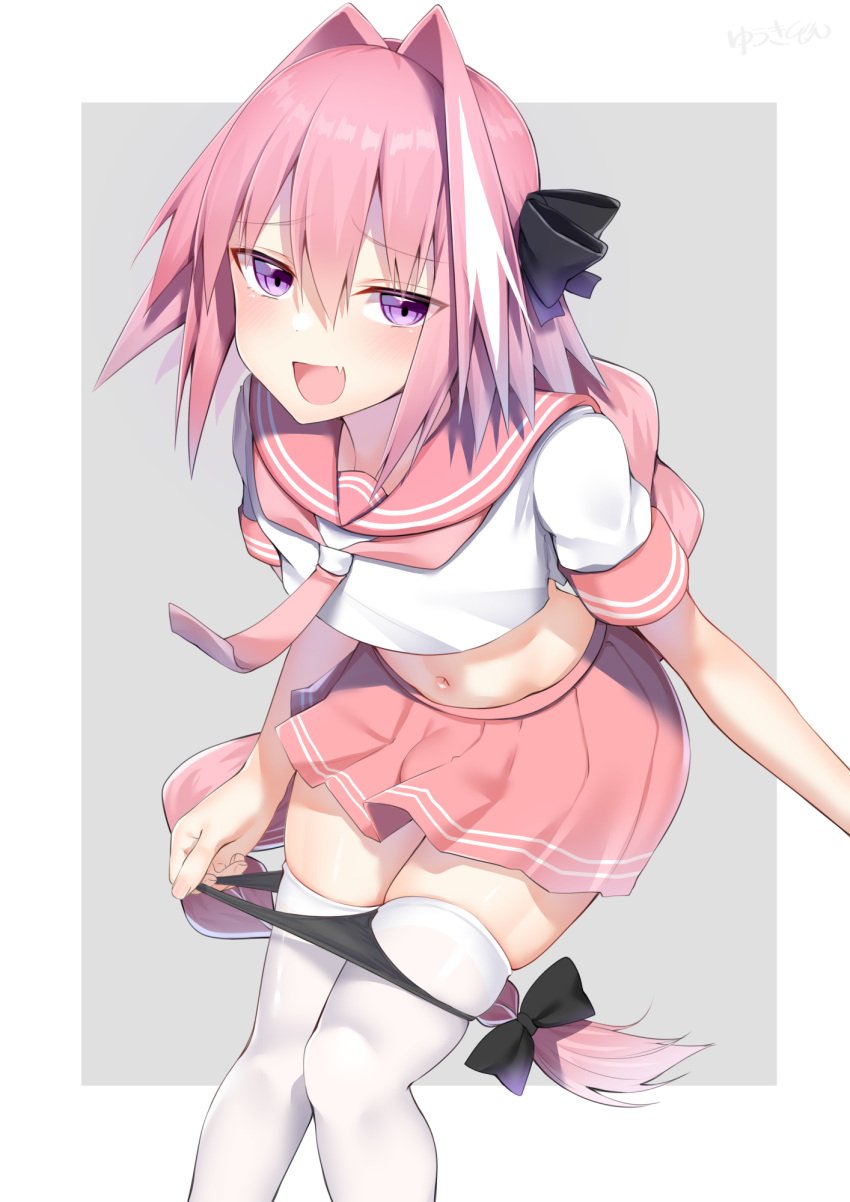 1boy astolfo_(fate) bending_forward bending_over black_panties blush braid bulge bulge_through_clothing canon_crossdressing crossdressing cute_fang embarrassed fate/grand_order fate_(series) femboy grey_background hair hair_braid hair_ribbon japanese_text kitajima_yuuki light-skinned_male light_skin looking_to_the_side male navel open_mouth panties_down panties_removed penis penis_under_clothes penis_under_skirt pink_hair pink_skirt pulling_down_panties purple_eyes removing_panties serafuku simple_background thighhighs tie trap undressing undressing_self white_background white_thighhighs