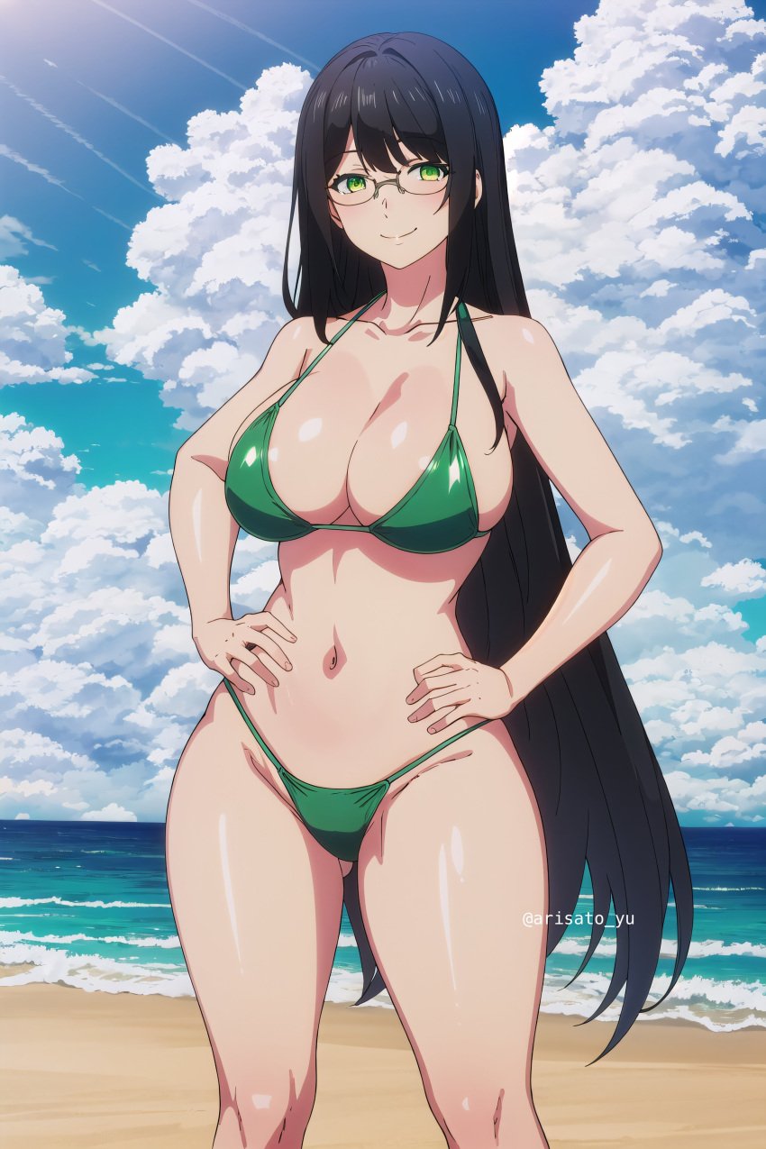 1girls ai_generated beach big_breasts bikini blue_hair breasts busty child_bearing_hips confident female female_only glasses green_bikini green_eyes hands_on_hips hanyuu_yuzuki hi_res large_breasts legs long_hair looking_at_viewer navel ocean pose posing seductive_smile sensual shuumatsu_no_harem smile solo swimsuit teacher thighs voluptuous water