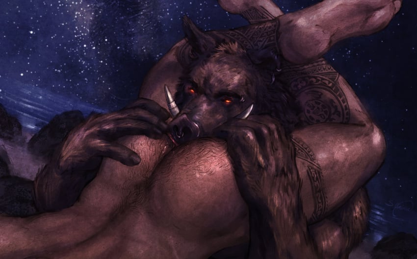 2023 absurd_res anal anthro ass biped body_hair brown_body brown_fur butt_hair detailed_background digital_media_(artwork) duo ear_piercing ear_ring eyebrow_piercing facial_piercing fur hand_on_butt hi_res human human_on_anthro interspecies leg_tattoo leg_wrap male male/male mammal oral orange_eyes outside_sex piercing rimming ring_piercing s_anima sex suid suina sus_(pig) tattoo tusks wild_boar