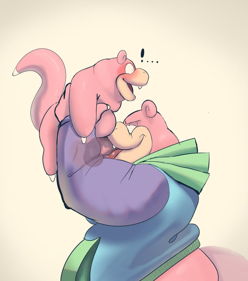 anthro balls blush clothing cute_fangs debudraws duo fellatio generation_1_pokemon genitals hi_res lifting_partner male male/male male_only nintendo oral penile pink_body pokemon pokemon_(species) sex size_difference slowbro slowbro_(debudraws) slowpoke superchub surprised_expression sweater tan_body tongue topwear