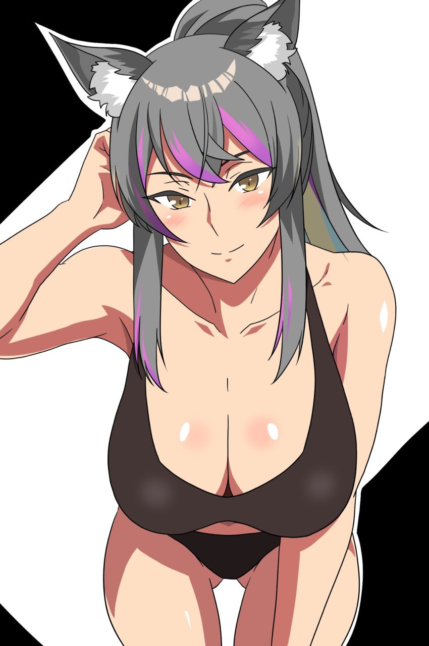 1girls ajigata_yunon animal_ears blush bra breasts cleavage clothed clothing female female_only gimmins7457844 grey_hair huge_breasts light-skinned_female light_skin looking_at_viewer revealing_clothes slight_blush smile solo sports_bra sportswear virtual_youtuber vrecord wolf_ears wolf_girl yellow_eyes