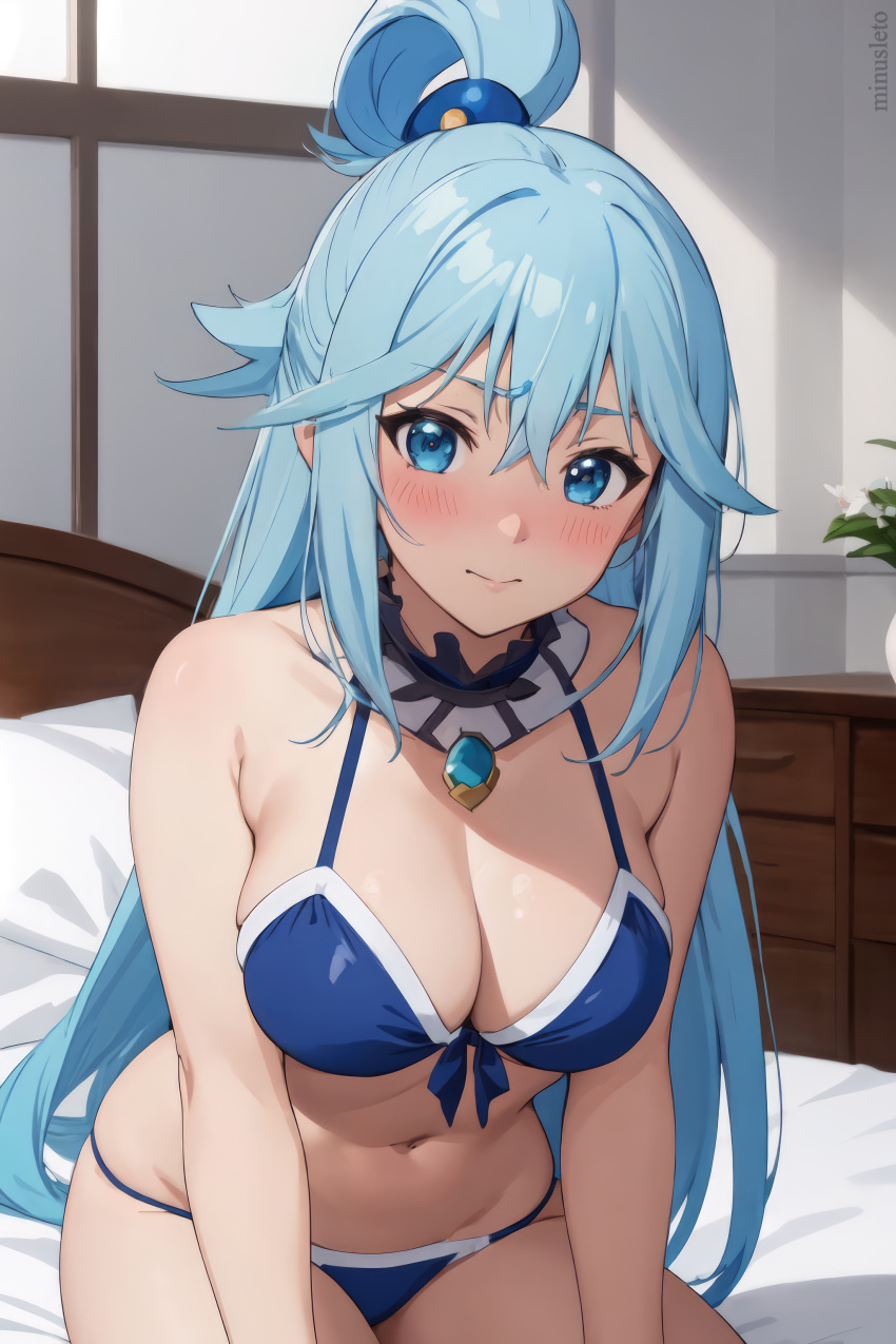 1girls 2023 ai_generated aqua_(konosuba) big_breasts bikini blue_eyes blue_hair blush female female_only indoors kono_subarashii_sekai_ni_shukufuku_wo! minusleto solo stable_diffusion stomach very_long_hair