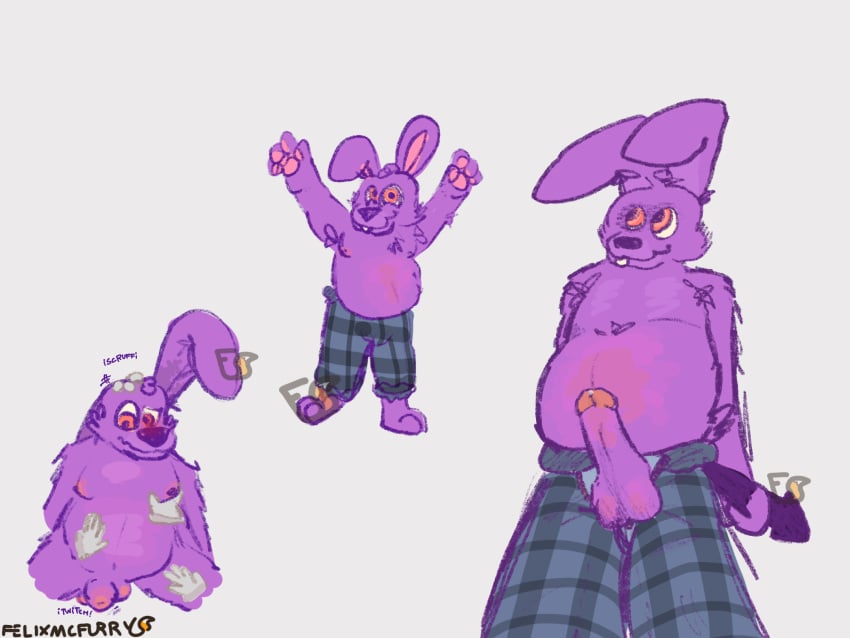 1boy anthro artist_name balls ballsack boner bonnie_(fnaf) bulge bunny chubby chubby_male cock cute embarrassed erection explicit felixmcfurry five_nights_at_freddy's floating_hands fluffy fnaf furry hands humanoid_penis implied_sex male male_only pants pants_unzipped penis penis_bulge purple_fur rabbit rubbing_belly rubbing_head scrotum shy smooth_penis solo testicles toony wholesome