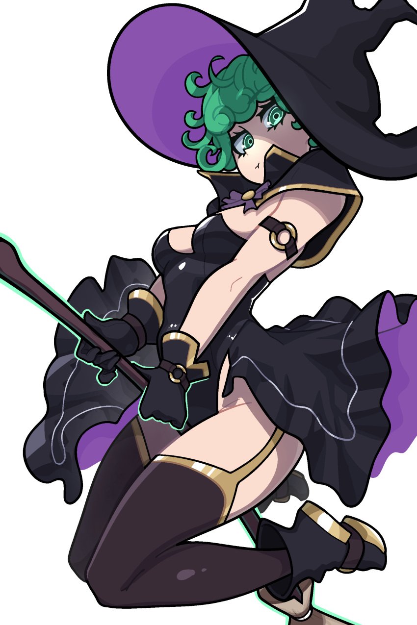 1girls :t _muds_ black_leotard black_shoes breasts broom female female_only garter_straps gloves green_eyes green_hair leotard muds one-punch_man shoes solo stockings tagme tatsumaki thighhighs thighs white_background witch witch_broom witch_hat