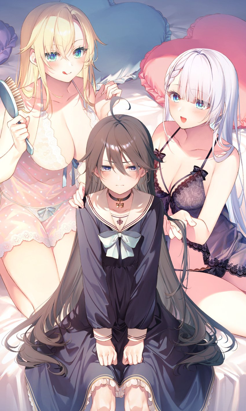 1boy 2d 2girls absurdres annoyed aqua_eyes babydoll black_bra black_choker black_dress black_panties blonde_hair blue_eyes blush bra breast_envy breast_size_difference breasts brown_hair choker cleavage dress flat_chest highres large_breasts leonis_death_magnus lingerie long_hair looking_at_viewer multiple_girls on_bed open_mouth panties petite pettanko purple_eyes regina_mercedes riselia_ray_crystalia second-party_source see-through seiken_gakuin_no_maken_tsukai sitting small_breasts smile tongue tongue_out toosaka_asagi underwear white_bra white_hair white_panties