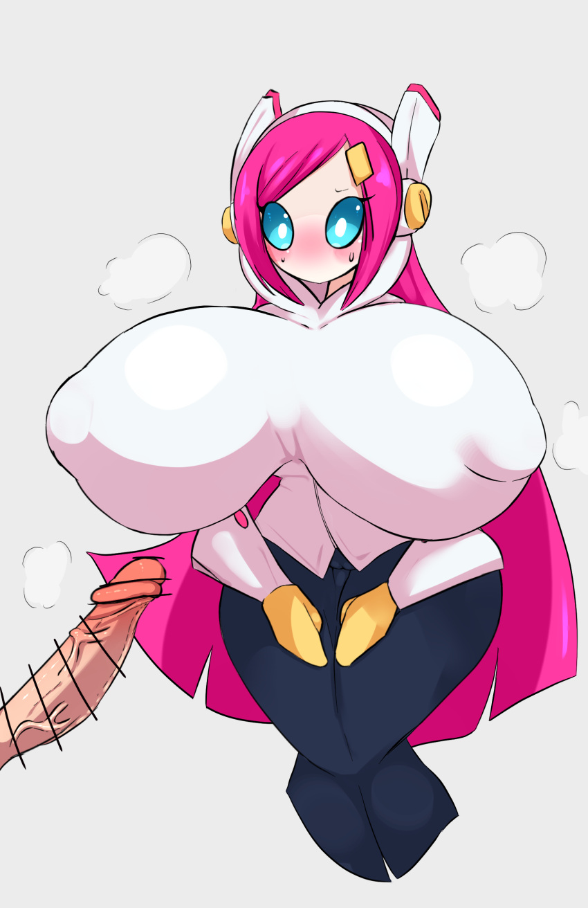 2d alien big_breasts big_penis blue_eyes blush breasts censored clothed cock_shock disembodied_penis erect_nipples female female_focus gloves hand_on_hip huge_breasts kirby_(series) long_hair nintendo nipple_bulge nipples_visible_through_clothing no_bra penis penis_awe pink_hair pointless_censoring skeletons62 steam steaming_body susanna_patrya_haltmann susie_(kirby) sweat tight_clothing