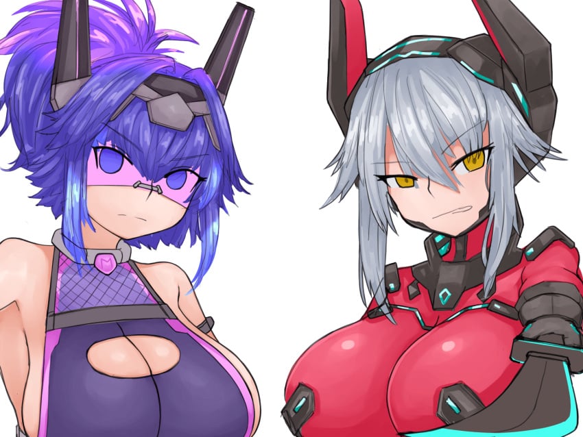 2girls android angry breasts cleavage_cutout cyborg fake_animal_ears huge_breasts katana large_breasts leotard looking_at_viewer melody_(projektmelody) multiple_girls ponytail projektmelody purple-tinted_eyewear purple_eyes purple_hair short_hair sideboob skin_tight steamingtofu sword tinted_eyewear virtual_youtuber visor vshojo weapon white_hair yellow_eyes zentreya zentreya_(cyborg)