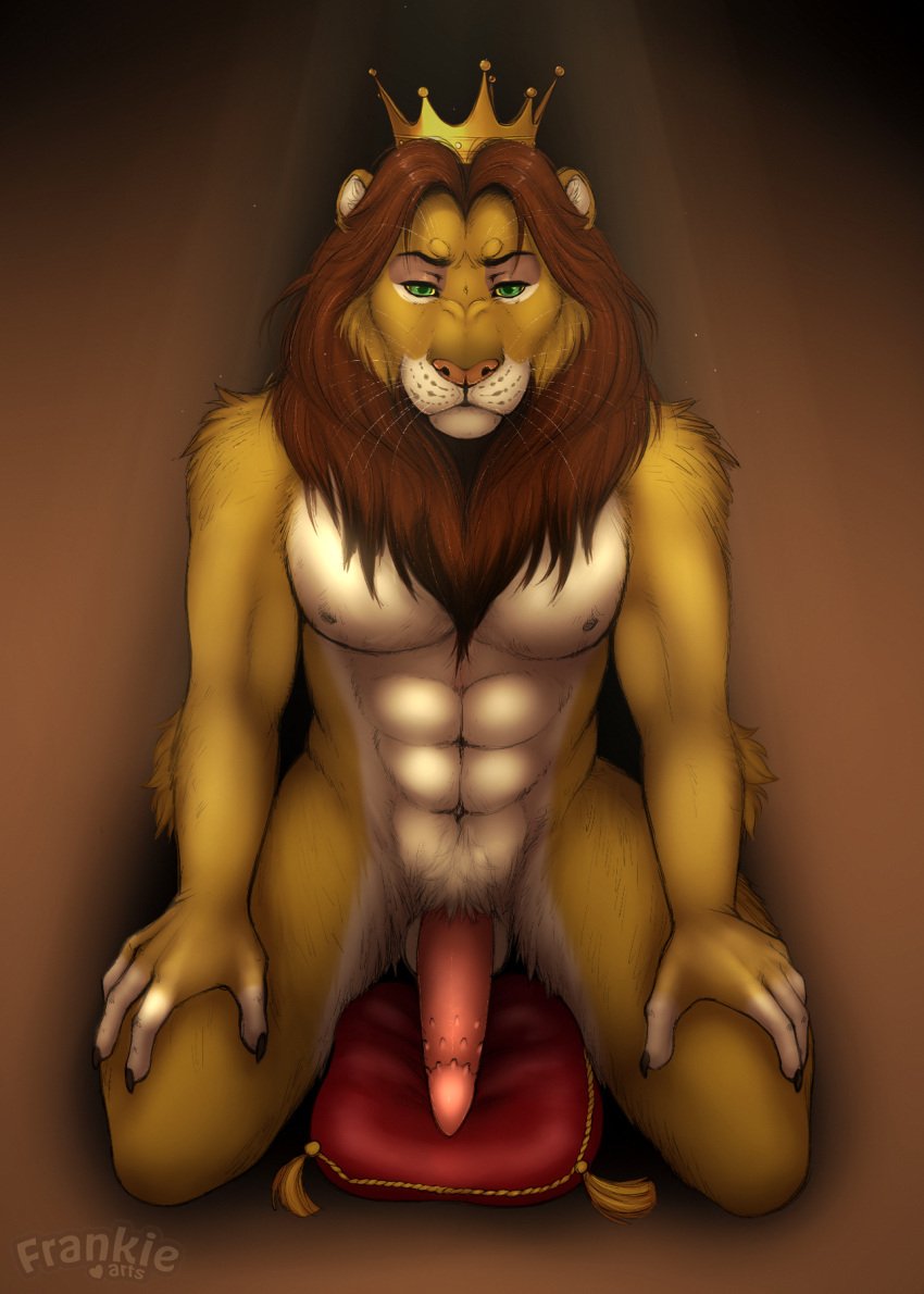 abs anthro balls crown felid feline fenn.perrox genitals headgear hi_res kneeling lion looking_at_viewer male male_only mammal pantherine penile_spines penis pillow presenting seductive solo zilvus