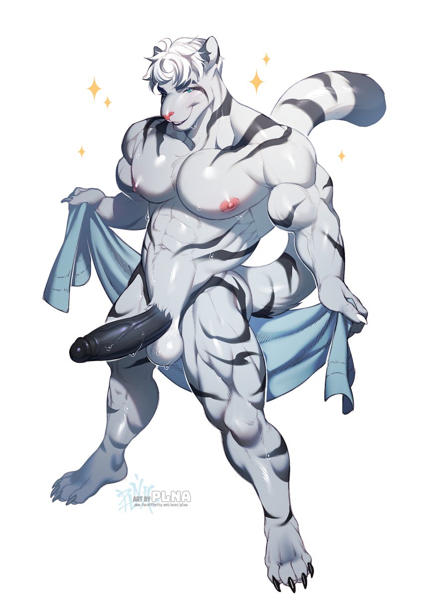 anthro areola balls biceps big_penis biped claws erection felid genitals glans hi_res humanoid_genitalia humanoid_penis male mammal muscular muscular_anthro muscular_male navel nipples pantherine pecs penis plna smile solo tail tiger vein veiny_penis white_background