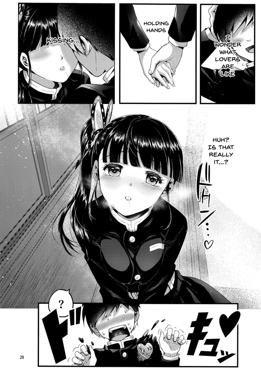 1boy 1girls 2d blush breasts demon_slayer doujinshi holding_hands kimetsu_no_yaiba kissing monochrome sha_(pixiv) smile sweat tsuyuri_kanao