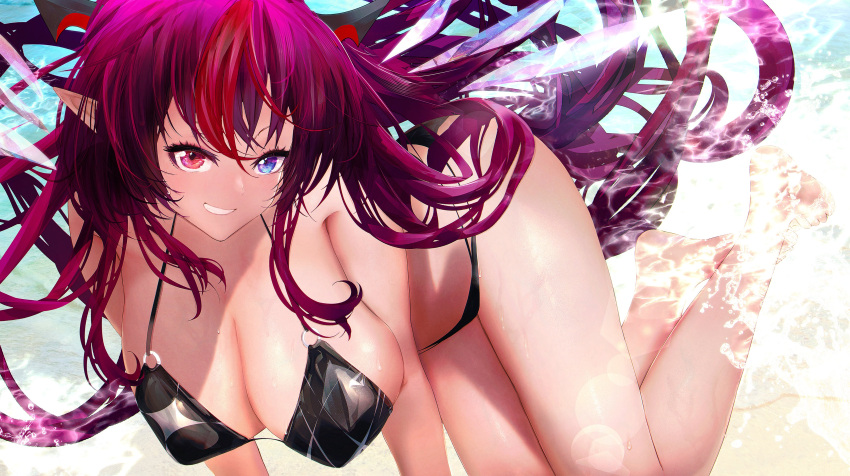 absurdres ass bare_arms bare_legs bare_shoulders beach big_breasts bikini black_bikini breasts cleavage covered_erect_nipples crystal crystal_wings demon_girl demon_horns detached_wings female getto_(ifphilo) hair_between_eyes hanging_breasts heterochromia highres hololive hololive_english hololive_english_-promise- horns irys large_breasts long_hair mini_wings multicolored_hair o-ring o-ring_bikini ocean pointy_ears sand smile solo swimsuit thighs very_long_hair virtual_youtuber water wet wings