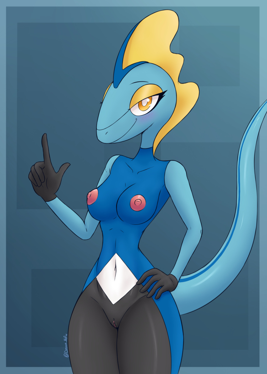 5_fingers absurd_res anthro areola blue_body blush breasts digital_media_(artwork) dmoon female fingers generation_8_pokemon genitals hi_res inteleon looking_at_viewer nintendo nipples nude pokemon pokemon_(species) pussy reptile scalie simple_background small_breasts smile solo tail thick_thighs yellow_eyes