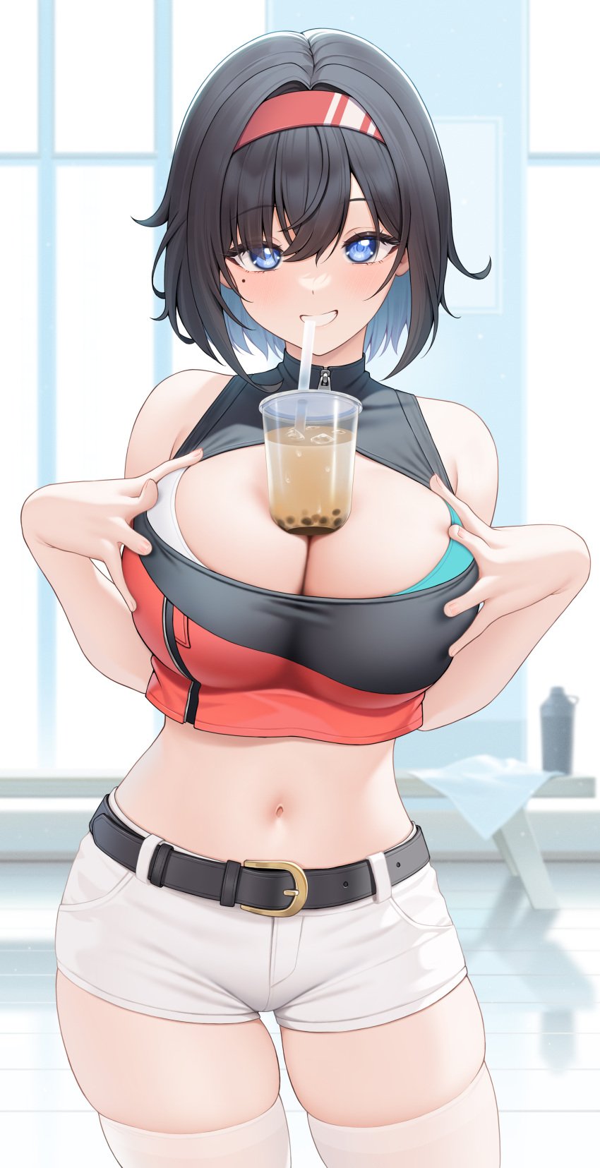 1girls belt big_breasts black_hair blue_eyes cleavage female female_only fukuro_ko_(greentea) headband hi_res highres indoors kayoko_(fukuro_ko) large_breasts looking_at_viewer mole mole_under_eye navel original short_hair shorts solo solo_female solo_focus thick thick_thighs thighhighs voluptuous