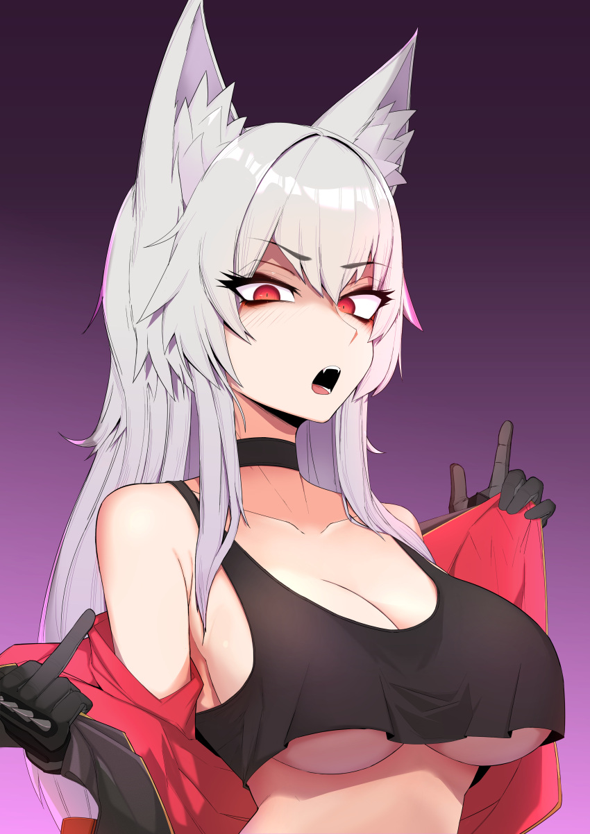 1girls animal_humanoid big_breasts breasts cleavage discordia_(vtuber) discordia_ch disgust female female_only fox_ears fox_girl fox_humanoid human indie_virtual_youtuber light-skinned_female light_skin looking_at_viewer red_eyes rumigawa31 solo standing underboob virtual_youtuber