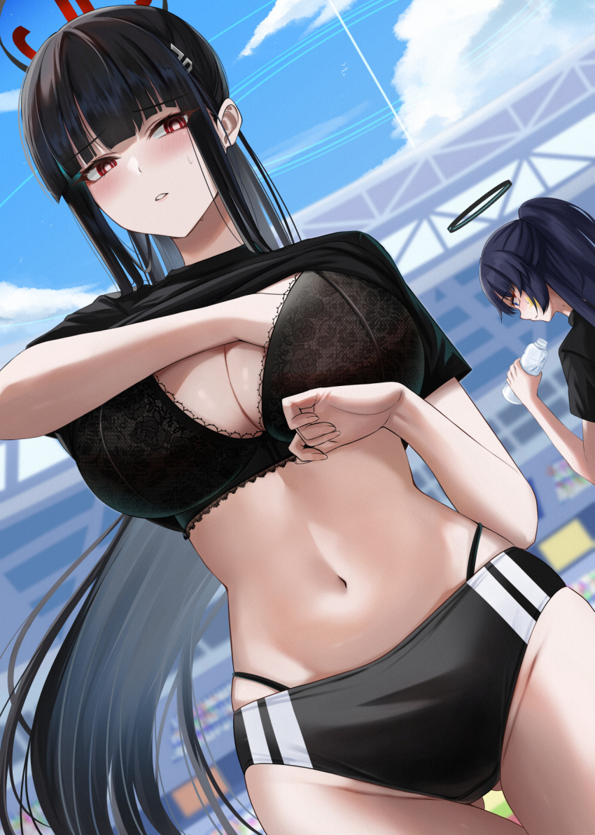 2girls black_bra black_buruma black_hair black_shirt blue_archive blue_eyes blush bottle bra breasts bright_pupils buruma commentary_request day halo highres holding holding_bottle large_breasts long_hair looking_at_viewer millennium_science_school_student multiple_girls navel outdoors part parted_lips ponytail red_eyes rio_(blue_archive) seminar_(blue_archive) shirt solo_focus stomach underwear white_pupils yamikyon yuuka_(blue_archive) yuuka_(track)_(blue_archive)