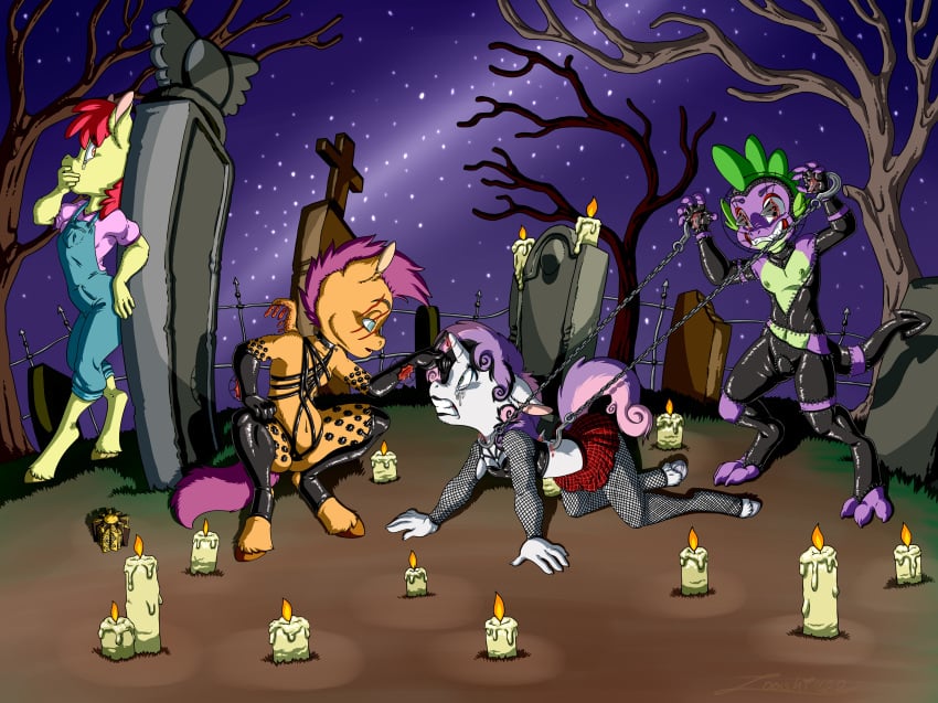 apple_bloom_(mlp) blood bodily_fluids cemetery cenobite chains dragon equid equine female friendship_is_magic gore group halloween hasbro hellraiser hi_res holidays hooks horse lament_configuration leather male mammal my_little_pony pony scootaloo_(mlp) spike_(mlp) sweetie_belle_(mlp) terror torture zooshi