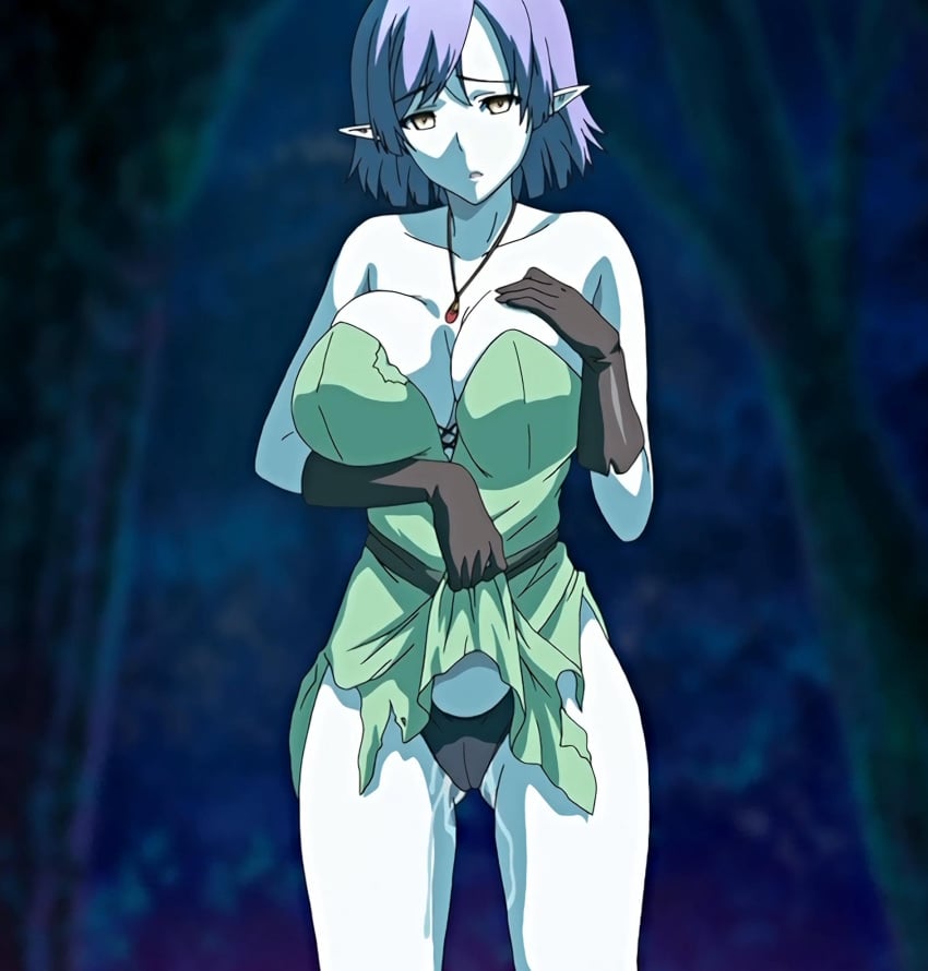 1girls breasts cleavage clothing demonion demonion_~maou_no_chika_yousai~ dripping_pussy hips large_breasts looking_at_viewer medium_hair miska_(demonion) panties pointy_ears presenting purple_hair screencap thighs vaginal_juices