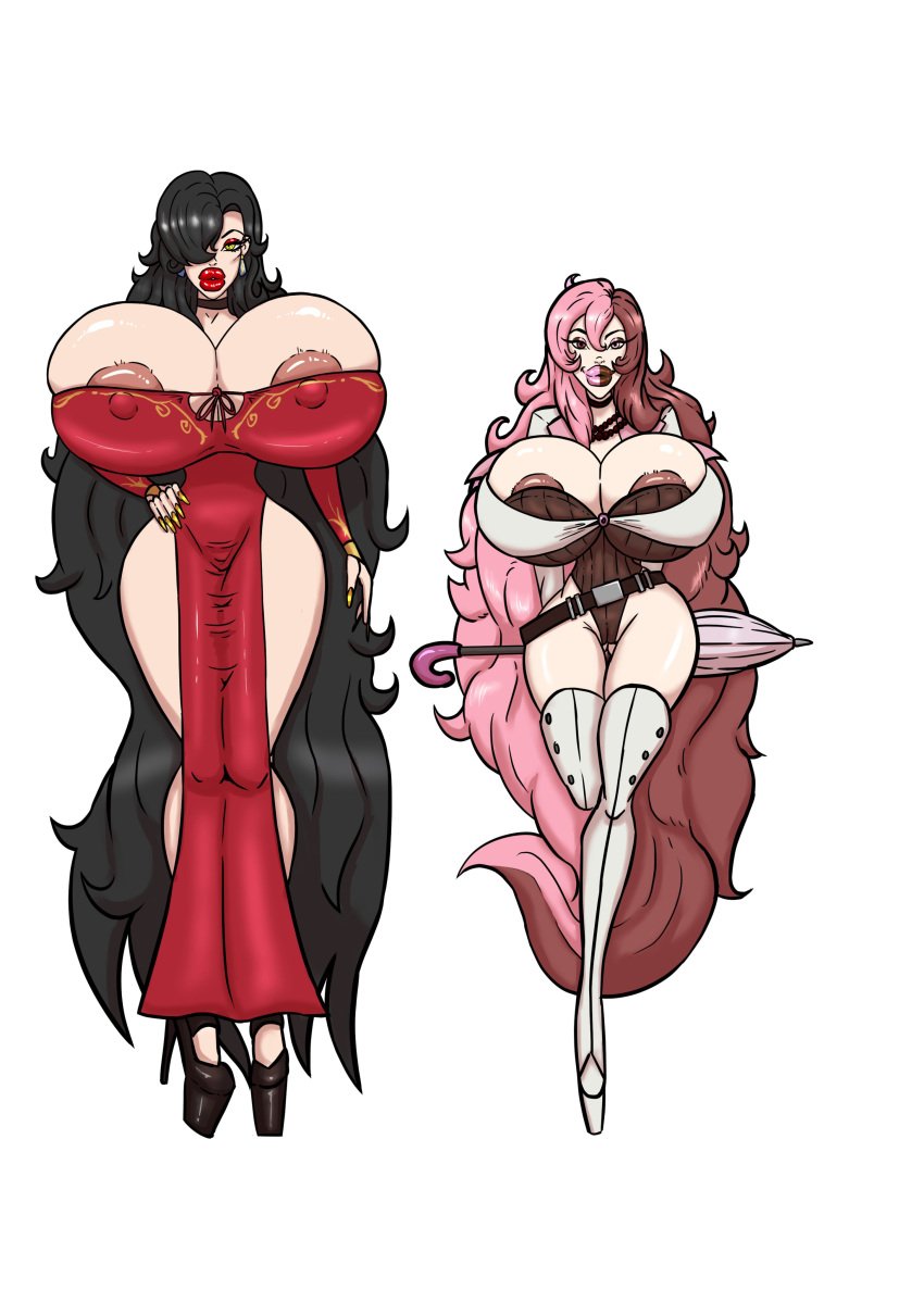 2girls bimbo bimbo_lips bimbofication black_hair bradtanker3 brown_hair cinder_fall female high_heels huge_breasts long_hair neo_(rwby) pink_hair red_dress rwby thick_lips thick_thighs transformation