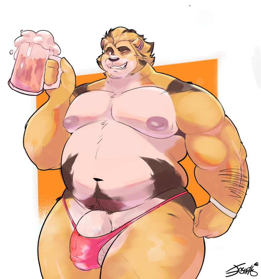 anthro belly big_nipples bulge clothing felid fur genital_outline genitals grin hi_res holding_beer lion male mammal moobs musclegut nipples one_eye_closed overweight overweight_anthro overweight_male pantherine penis penis_base penis_outline pink_clothing pink_thong pink_underwear portrait smile solo striped_body striped_fur striped_mane stripes taishou_kitsune thejosehp202 thick_thighs thong three-quarter_portrait underwear wink yellow_body yellow_fur