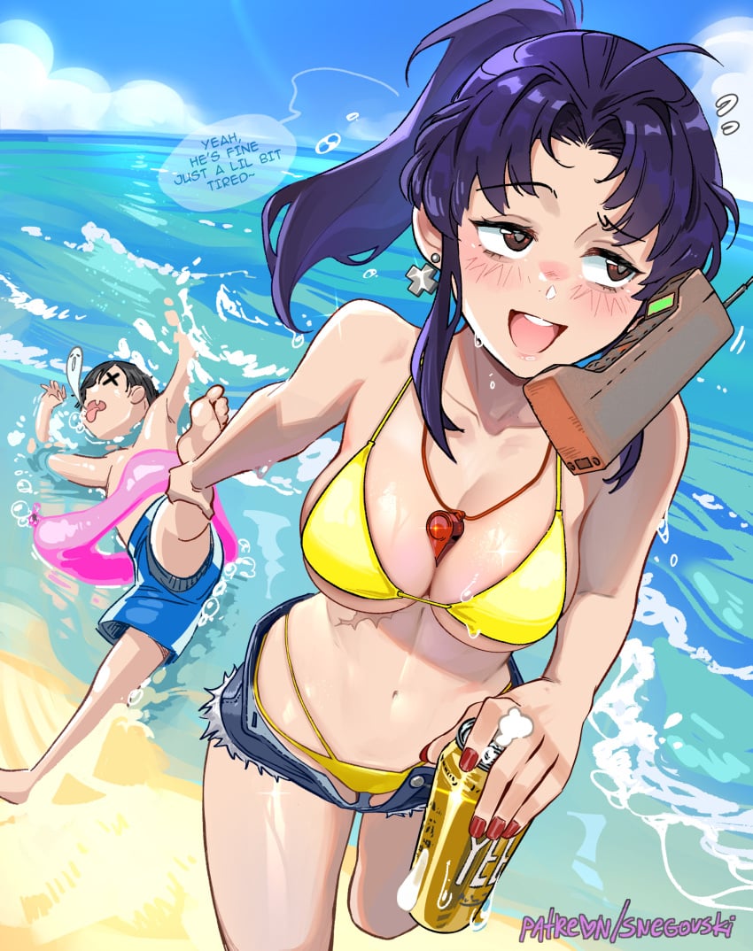 1boy 1girls beach beer bikini blush breasts cleavage dragging drink drowning drowning_in_background drunk dying earrings female hi_res humor misato_katsuragi nail_polish necklace neon_genesis_evangelion phone ponytail purple_hair red_nails seaside shinji_ikari shorts snegovski speech_bubble sweat swimsuit text trunk