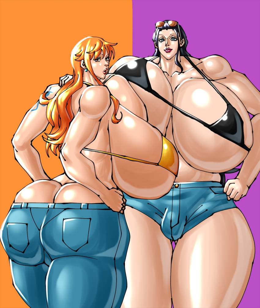 1futa 1other ass ass_cleavage big_ass big_breasts big_butt bikini black_hair breasts bulge butt_crack female female_only huge_breasts jean_shorts jeans large_breasts massive_breasts nami nami_(one_piece) negoto_(nego6) nico_robin one_piece orange_hair post-timeskip shounen_jump thick_thighs thighs