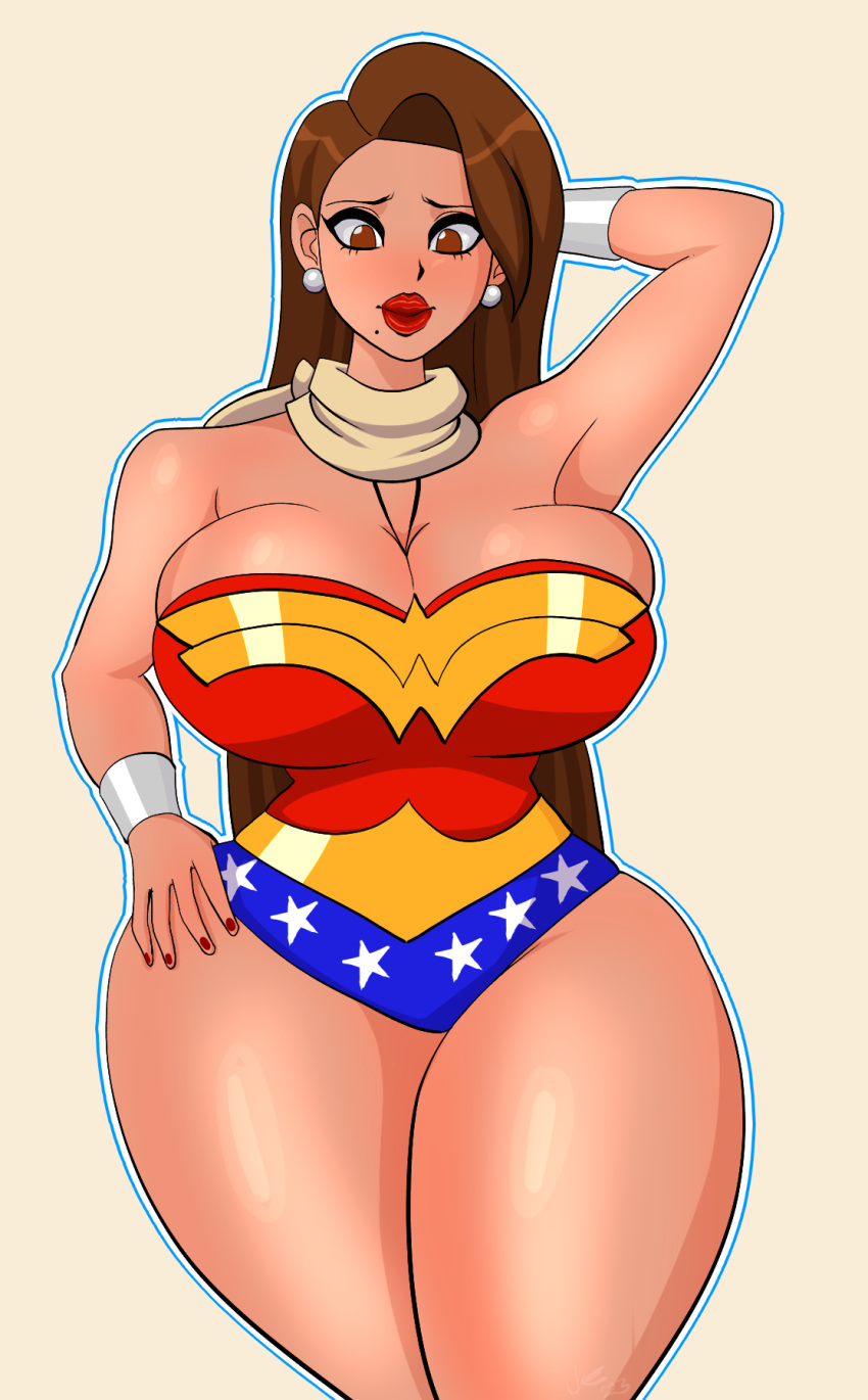 big_breasts big_lips blush brown_eyes brown_hair capcom cosplay dc dc_comics earrings embarrassed embarrassed_female full_color full_colour gyakuten_saiban halloween halloween_costume hand_behind_head hand_on_hip hi_res high_resolution highres huge_breasts large_breasts lipstick long_hair mia_fey nervous nervous_smile pranky scarf simple_shading solo solo_female thick_legs thick_thighs tight_clothes tight_clothing tight_costume tube_top tubetop voluptuous voluptuous_female wonder_woman_(cosplay) wonder_woman_(series)