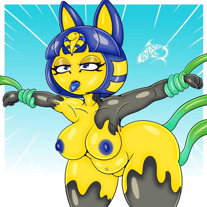 1:1 absurd_res animal_crossing ankha ankha_(animal_crossing) anthro artist_logo cyan_background domestic_cat felid feline felis female green_tentacles hi_res latex latex_transformation logo mammal nintendo renegade-157 rubber sex simple_background solo tentacle tentacle_monster tentacle_sex transformation transformation_through_sex