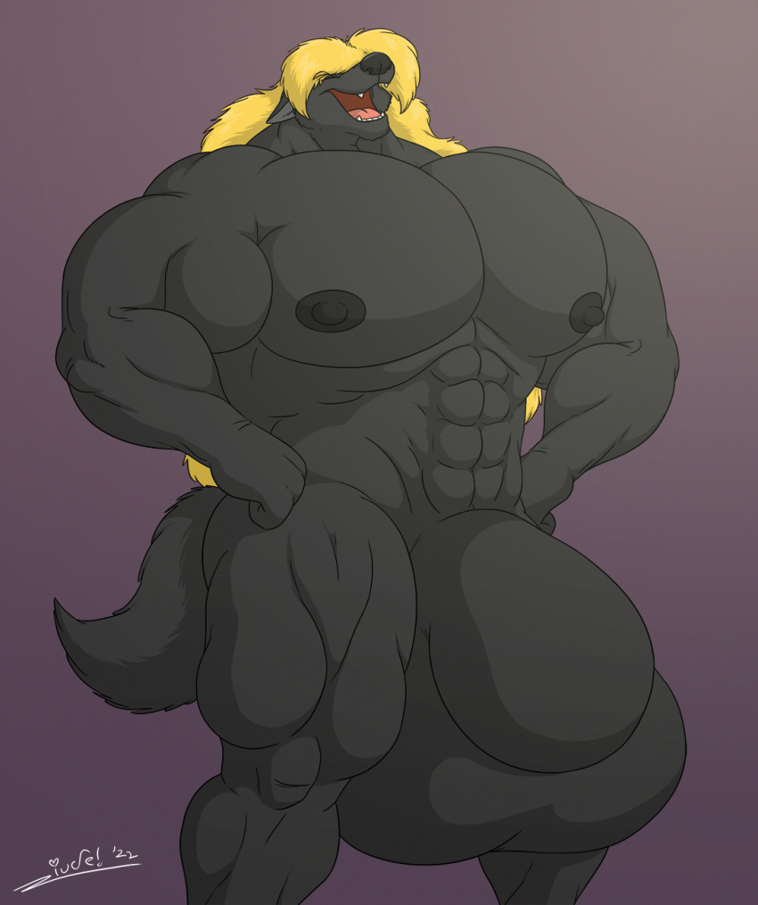 2022 abs animal_genitalia anthro balls biceps big_abs big_balls big_biceps blonde_hair bulge canid canine canis closed_eyes digitigrade flexing fox genitals hair hi_res huge_abs huge_balls hybrid hyper hyper_balls hyper_genitalia juano male mammal muscular muscular_anthro muscular_male nipples open_mouth pecs quads raised_head sheath smile smirk solo springfield wolf