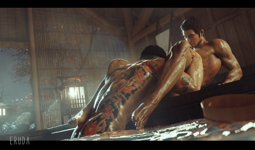 2boys 3d aroused_male blowjob dutch_angle eruda_rgg gay gay_blowjob going_down_on kiryu_kazuma like_a_dragon_(series) low-angle_view majima_goro male male/male male_only no_visible_genitalia onsen rgg_studio ryuu_ga_gotoku sega tattoos water yakuza yakuza_(series) yaoi