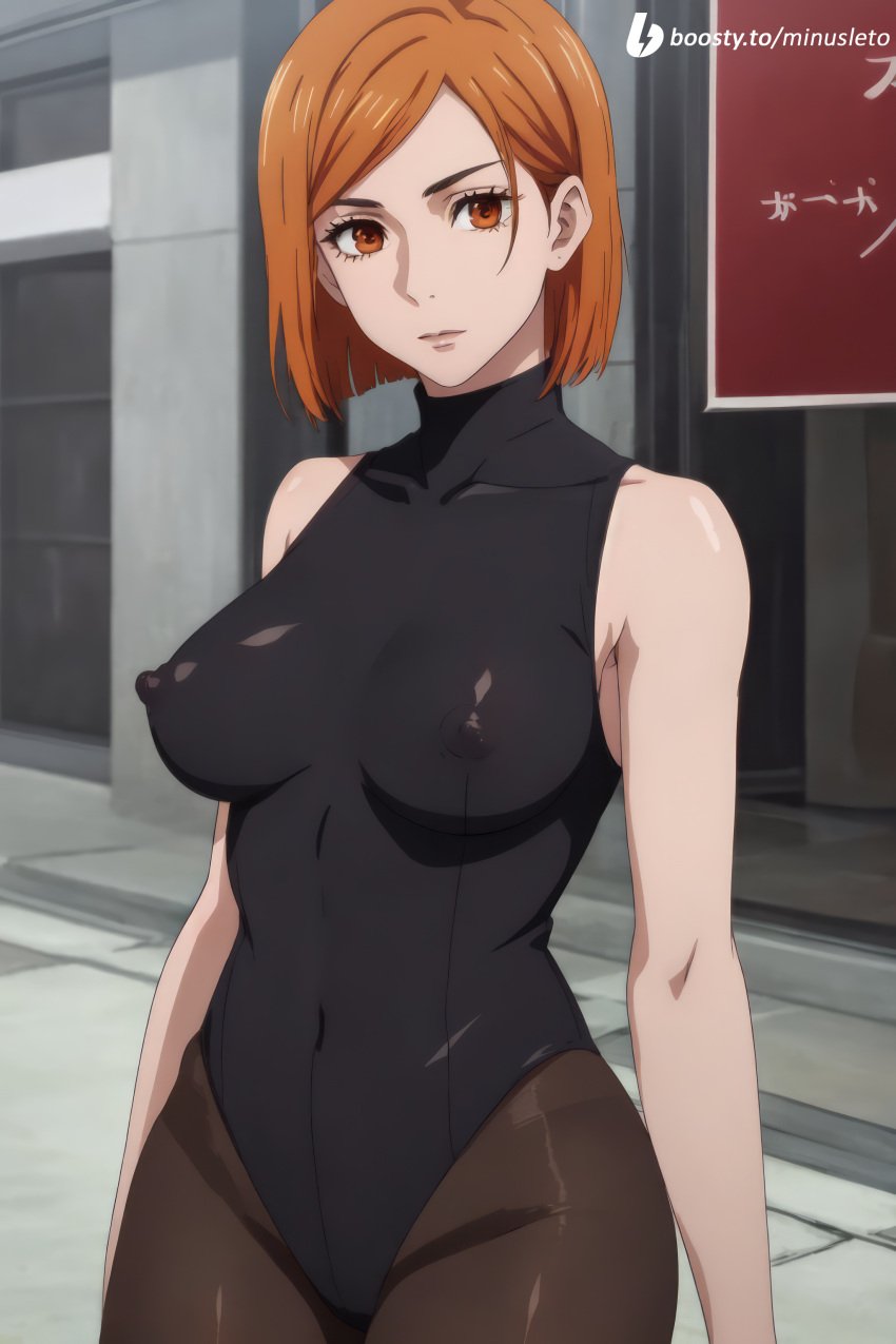 1girls 2023 ai_generated big_breasts jujutsu_kaisen kugisaki_nobara looking_at_viewer minusleto nipples_visible_through_clothing short_hair stable_diffusion stockings