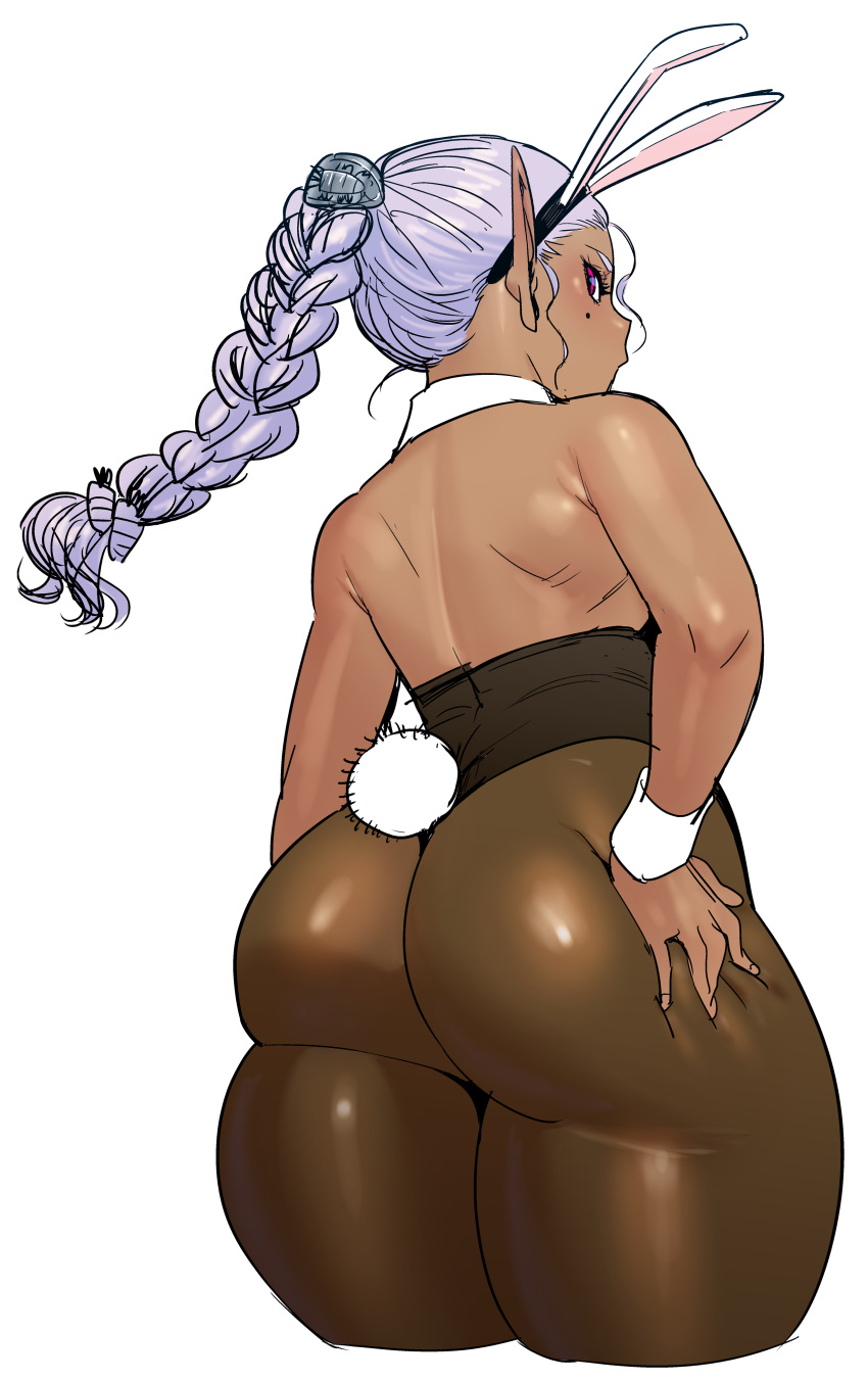 1girls absurd_res ass big_ass breasts bunny_ears bunny_tail bunnysuit colored curvy dark-skinned_female dark_elf dark_skin elf elf-san_wa_yaserarenai female hand_on_ass huge_ass humanoid kuroeda leotard long_hair looking_at_viewer looking_back mole pantyhose plump pointy_ears ponytail sketch synecdoche thick_thighs white_hair wide_hips