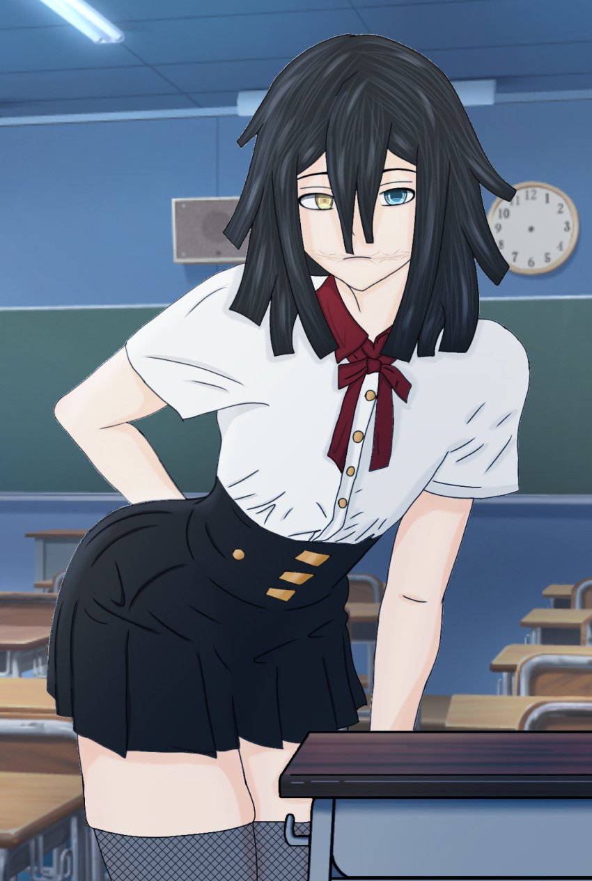 1boy big_ass big_butt big_thighs black_hair blue_eyes colored demon_slayer femboy hashira heterochromia iguro_obanai kimetsu_no_yaiba male medium_hair obani_iguro school_uniform tsuki_obanai yellow_eyes