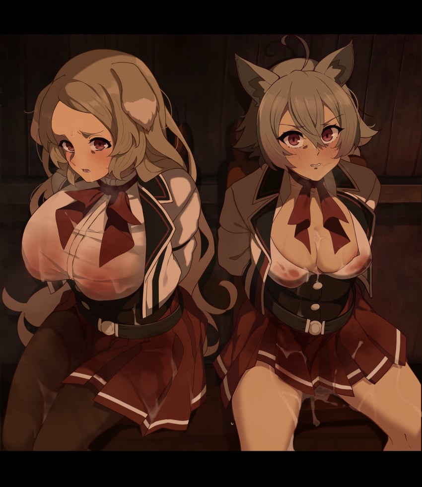 2girls animal_ears cum grey_fur grey_hair linia_dedoldia long_hair multiple_girls mushoku_tensei mushoku_tensei:_isekai_ittara_honki_dasu pursena_adoldia red_eyes todding