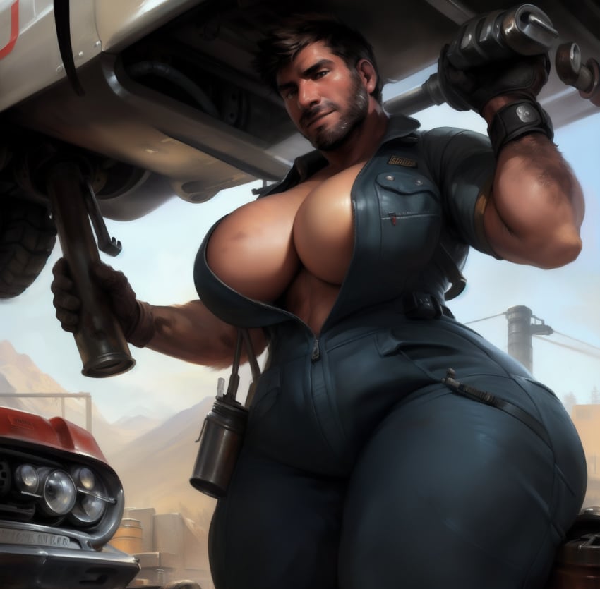 1boy ai_generated big_ass big_breasts big_butt breasts busty busty_boy cleavage curvaceous curvy_body curvy_figure huge_breasts jackvinsanity male male_only male_with_breasts mechanic solo solo_male wide_hips