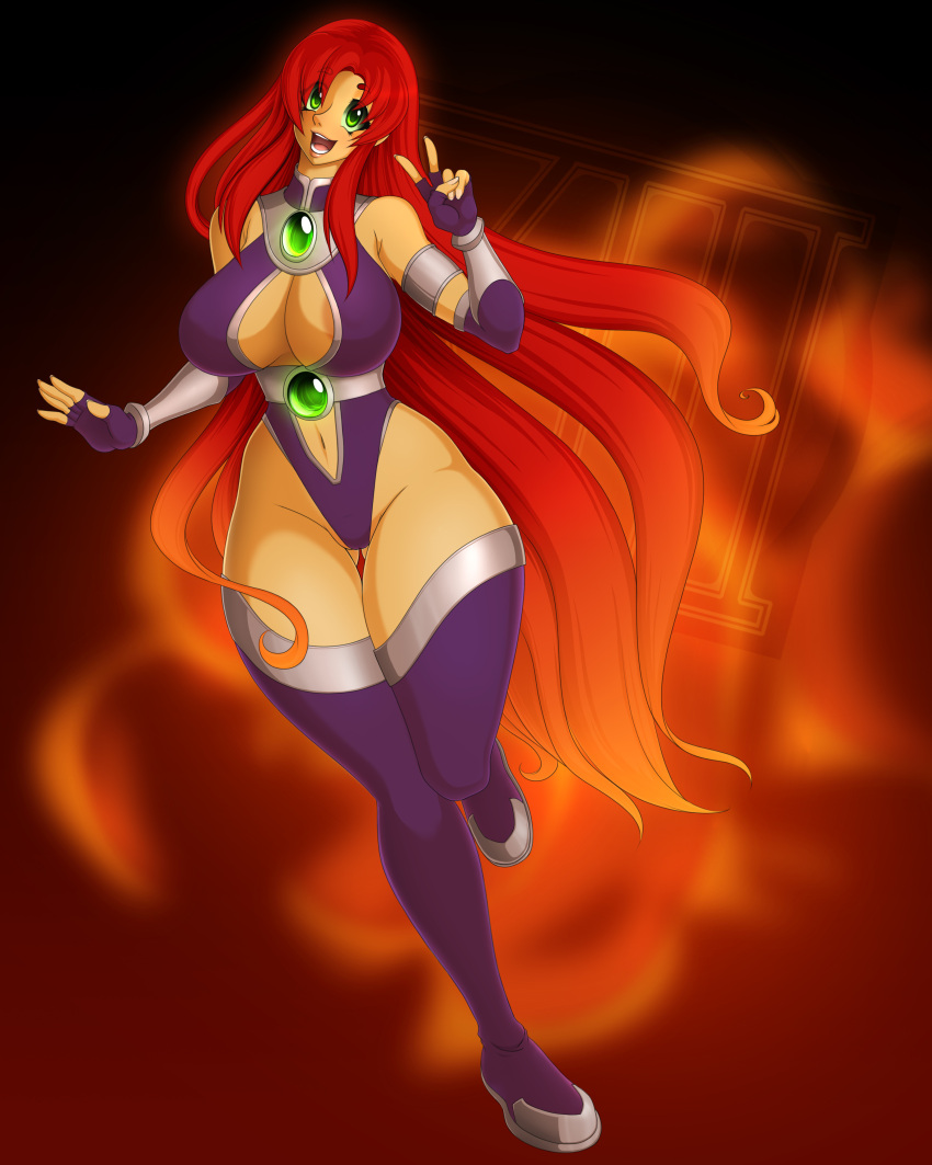 1girls alien alien_girl belt big_breasts boots bracelet breasts dc fire leotard long_hair long_hair_female orange_skin peace_sign red_hair solo solo_female solo_focus starfire superhero superheroine thick_thighs thighs waifuholic