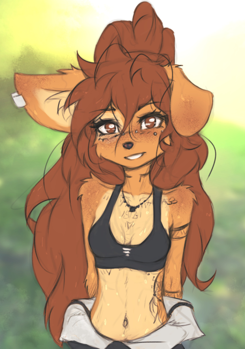 1girls apogee_(tinygaypirate) belly breasts brown_eyes brown_hair cleavage cute earring female furry long_hair looking_at_viewer small_breasts solo sweat sweating tail tattoo tinygaypirate