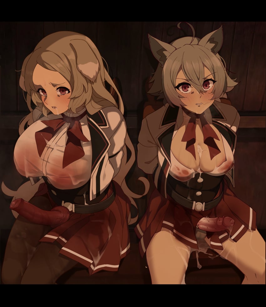 2futas animal_ears animal_genitalia erection_under_clothes erection_under_skirt futa futanari grey_fur grey_hair linia_dedoldia long_hair mushoku_tensei mushoku_tensei:_isekai_ittara_honki_dasu pursena_adoldia red_eyes todding