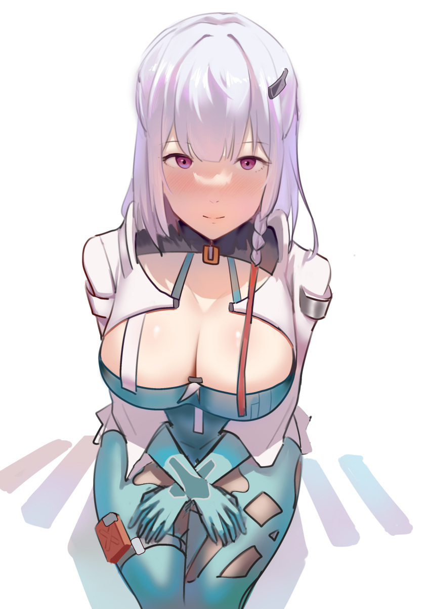 big_breasts cleavage female female_only ji_chenxing kneeling purple_eyes snowbreak:_containment_zone tagme white_hair