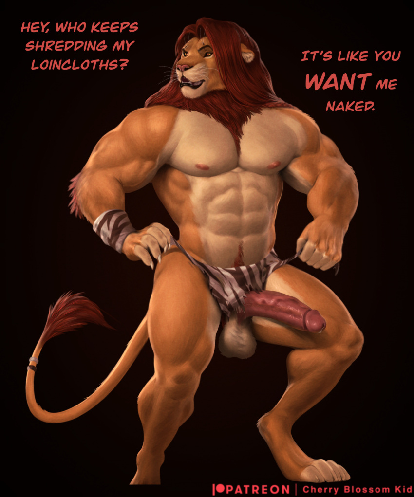 2023 abs anthro balls biped black_background bottomwear bulge cherry_blossom_kid claws clothing digital_media_(artwork) digitigrade disney english_text erection felid finger_claws fur gay genitals hair hi_res humanoid_genitalia humanoid_penis lion loincloth male mammal mane muscular muscular_anthro muscular_male nipples open_mouth orange_body orange_fur pantherine paws pecs penis red_hair red_mane simba simba_(the_lion_king) simple_background solo standing step_pose tail tail_tuft tan_body tan_fur text the_lion_king torn_loincloth tuft whiskers yellow_eyes