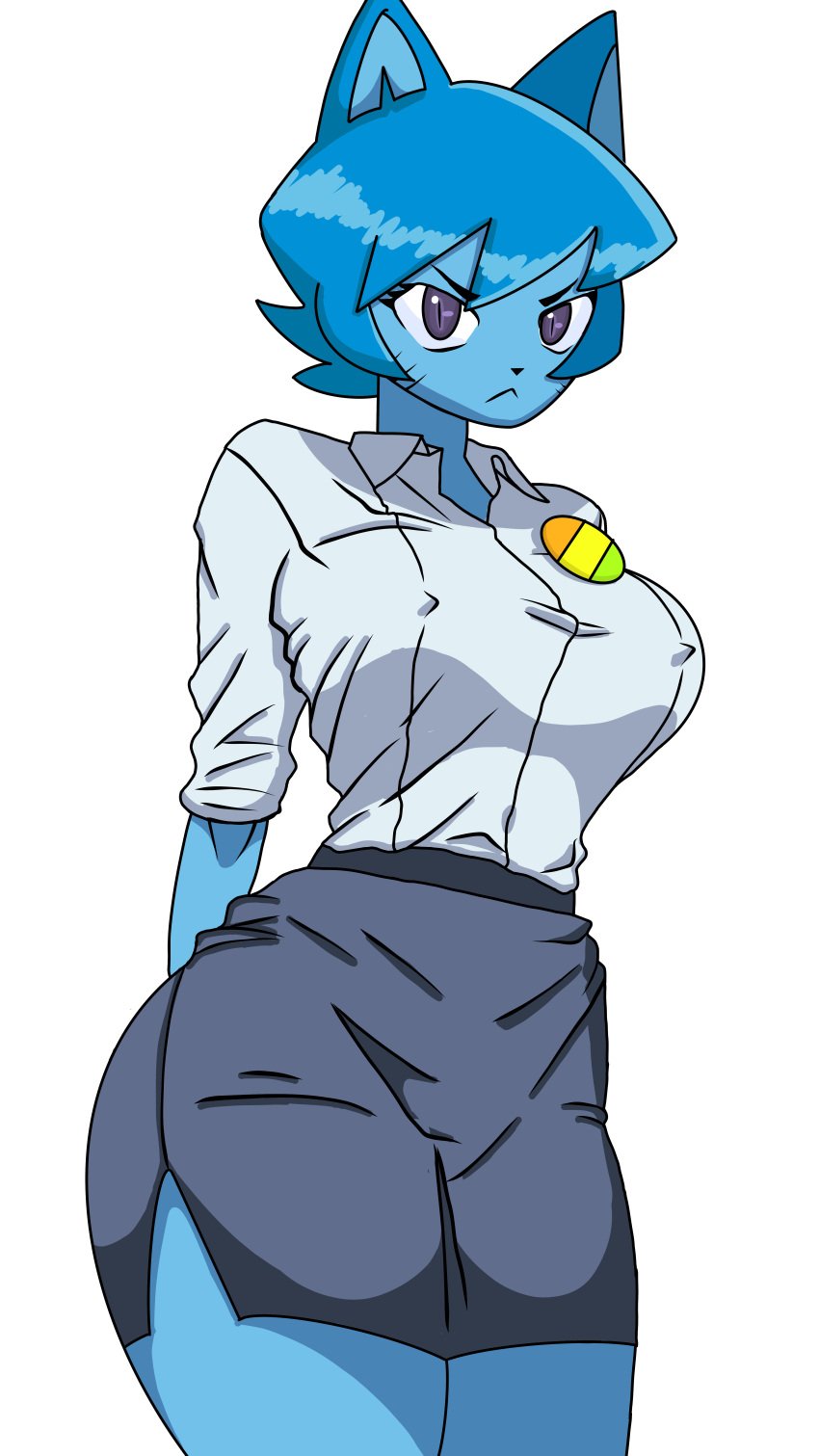 1girls 9:16 absurd_res annoyed big_ass big_breasts blue_background blue_body blue_fur blue_hair fully_clothed hi_res lewdy nicole_watterson nicole_watterson_(anime) self_upload skirt the_amazing_world_of_gumball thighs