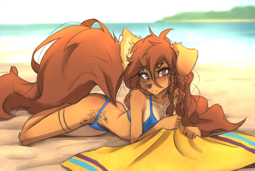 1girls apogee_(tinygaypirate) beach bikini breasts brown_eyes brown_hair cute earring female furry long_hair looking_at_viewer small_breasts solo tail tattoo tinygaypirate