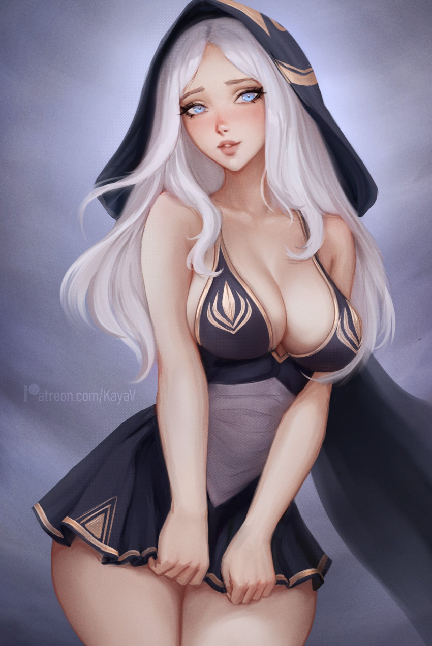 1girls ashe_(league_of_legends) big_breasts blue_clothing blue_eyes blush breasts cleavage cute female female_focus female_only hood hood_up kayav league_of_legends light-skinned_female light_skin long_hair looking_at_viewer riot_games skirt solo solo_female thighs white_hair