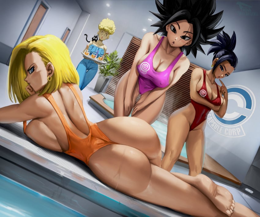 2milfs 4girls android_18 ass barefoot big_ass big_breasts blonde_hair breasts caulifla dat_ass dragon_ball dragon_ball_super dragon_ball_z elitenappa feet female kale laying_down multiple_girls novasayajingoku panchy panchy_(dragon_ball) panchy_briefs soles swimsuit toes