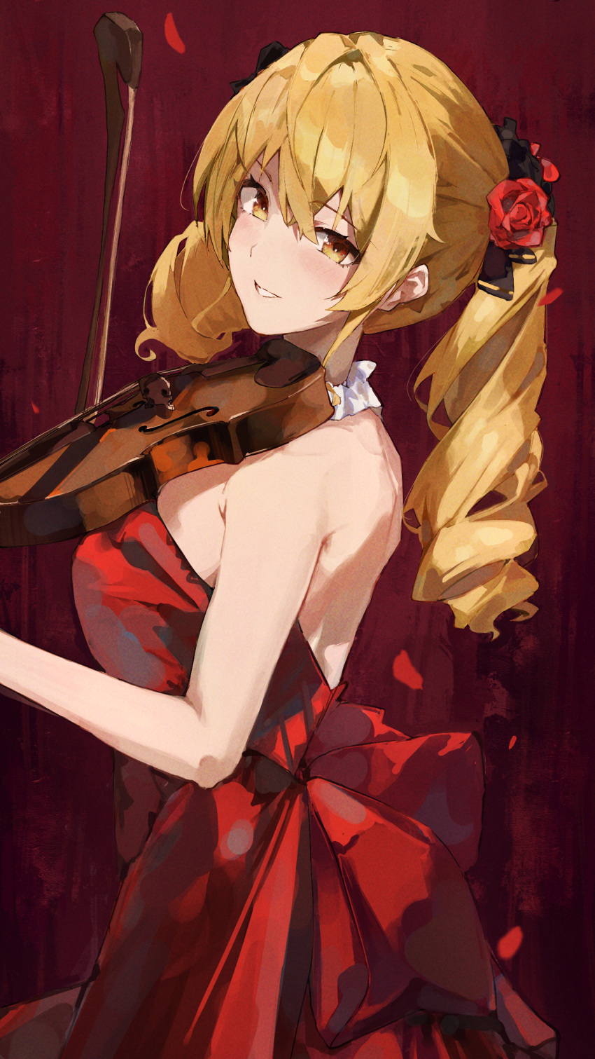 blonde_hair fenny_(snowbreak:_containment_zone) pigtails red_dress rose sideboob snowbreak:_containment_zone tagme violin yellow_eyes