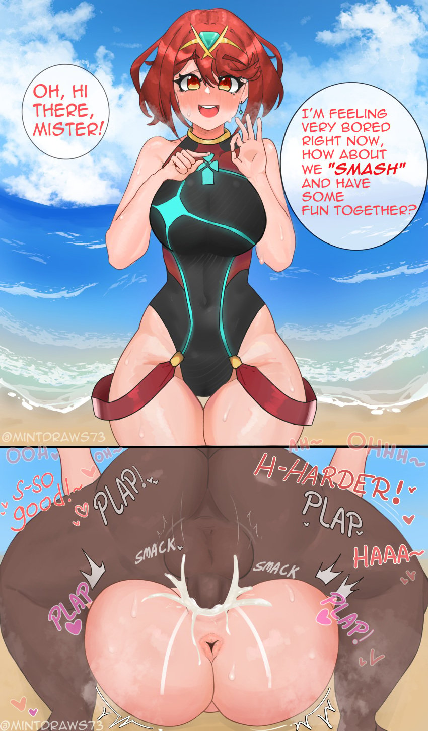 1boy 1girls 2koma alternate_costume anus ass balls beach big_breasts big_penis breasts cheating cheating_girlfriend cheating_wife competition_swimsuit core_crystal cum cum_in_pussy curvy curvy_female curvy_figure dark-skinned_male earrings english_text hand_gesture happy_sex hi_res imminent_impregnation implied_impregnation instant_loss_2koma interracial light-skinned_female mating_press medium_hair mintdraws monolith_soft netorare nintendo ntr one-piece_swimsuit penis pyra red_eyes red_hair rough_sex stealth_sex steam steaming_body super_smash_bros. super_smash_bros._ultimate swimsuit testicles tiara vaginal_penetration vaginal_sex wide_hips xenoblade_(series) xenoblade_chronicles_2