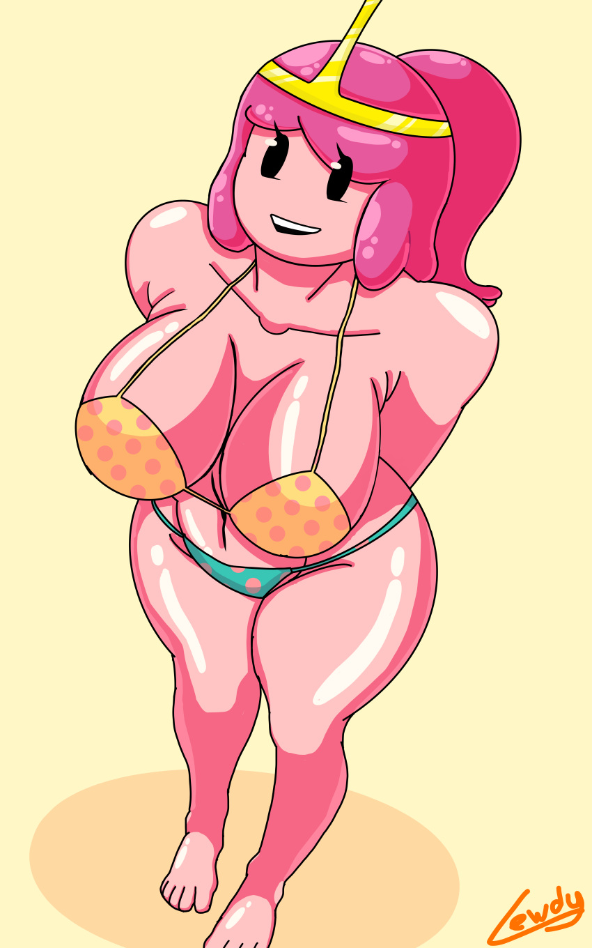 adventure_time beach big_ass big_breasts bikini bikini_bottom bikini_top blue_ crown gum lewdy looking_up pink_body pink_hair pink_skin polka_dot ponytail princess_bubblegum self_upload smile smiling yellow_bra