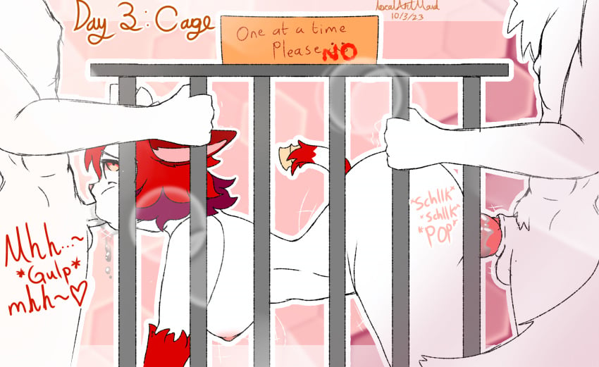 1girls 2boys 2boys1girl anthro anthro_on_anthro art_request backshots breasts cage caged catgirl catmaid_(localartmaid) challenge cum cum_in_ass cum_in_mouth cum_inside cumdrip double_penetration eyes_rolling_back furry giving_head huge_breasts human human_on_anthro human_penetrating humanoid_penis inktober kemono kinktober kinktober_2023 knotted_penis localartmaid maid_headdress mouth_full_of_cock mouthful page_3 sign simple_background sound_effects spitroast swallowing swallowing_cum swallowing_sounds tag_team text thick_thighs tits_out